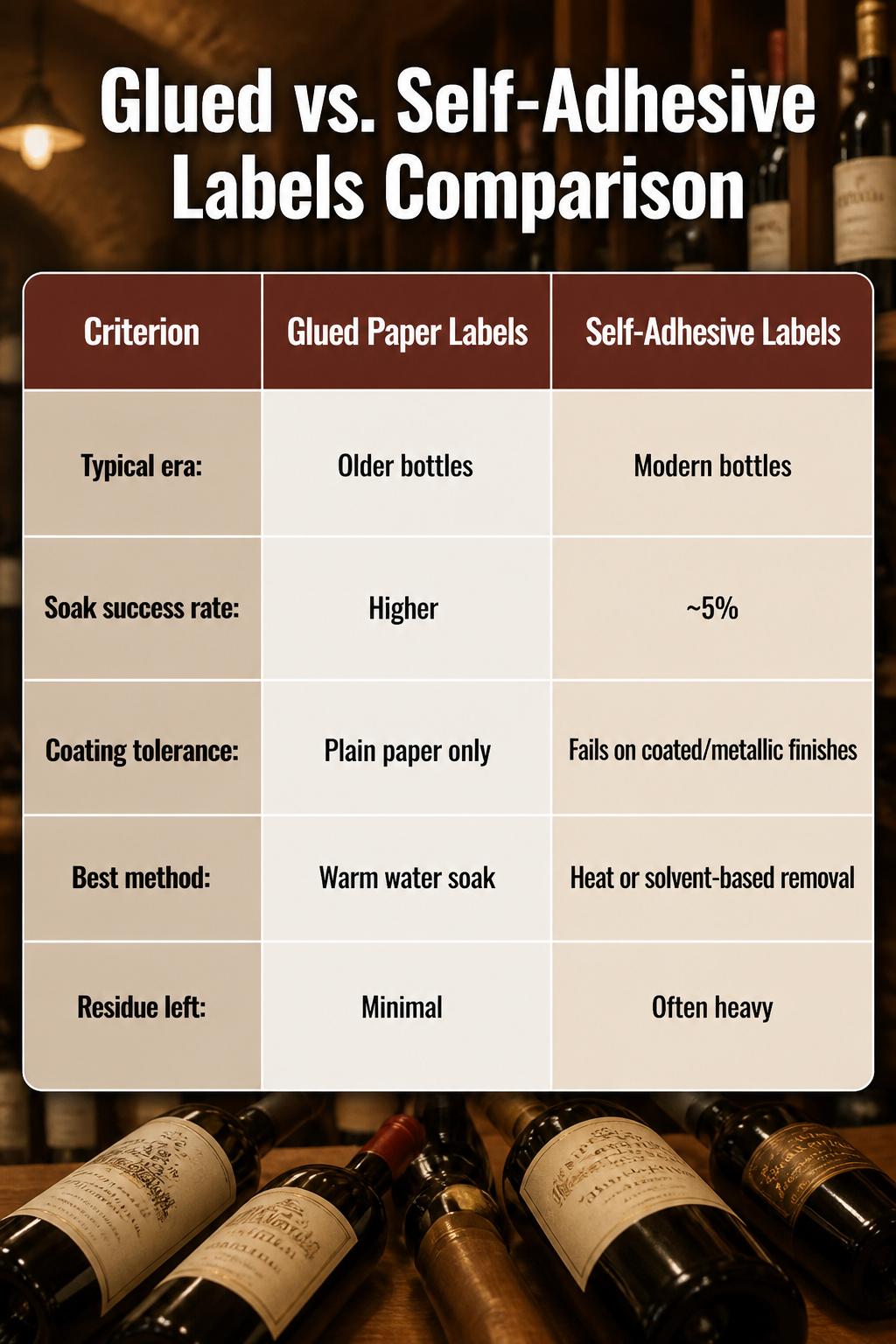 An infographic comparing glued labels and self-adhesive labels.
