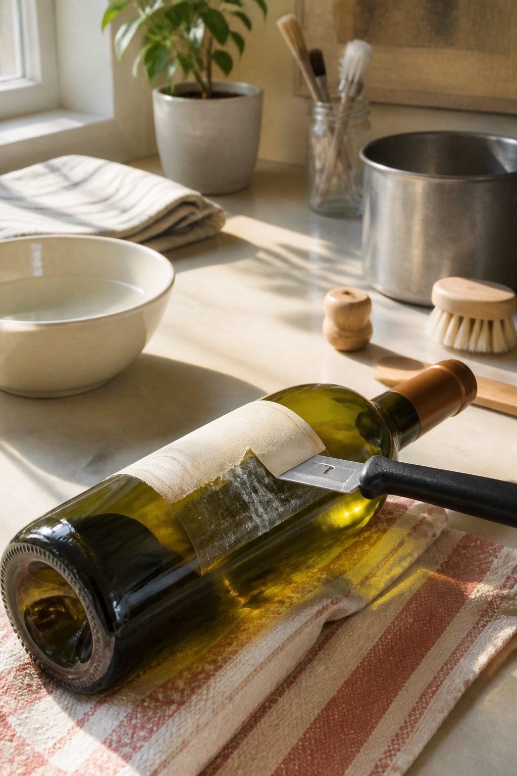 A close-up of a razor blade under a wine label on a countertop.