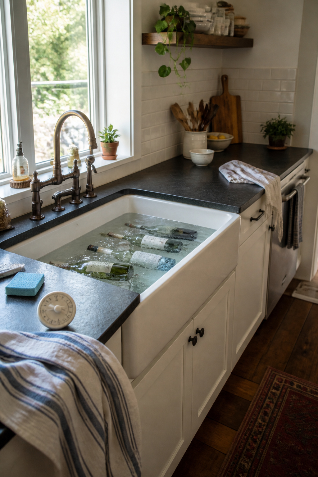 Wine bottles soaking in a sink filled with hot water and Oxiclean.