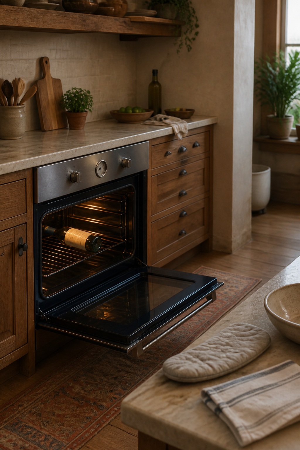 A wine bottle inside an oven warming to loosen the label.