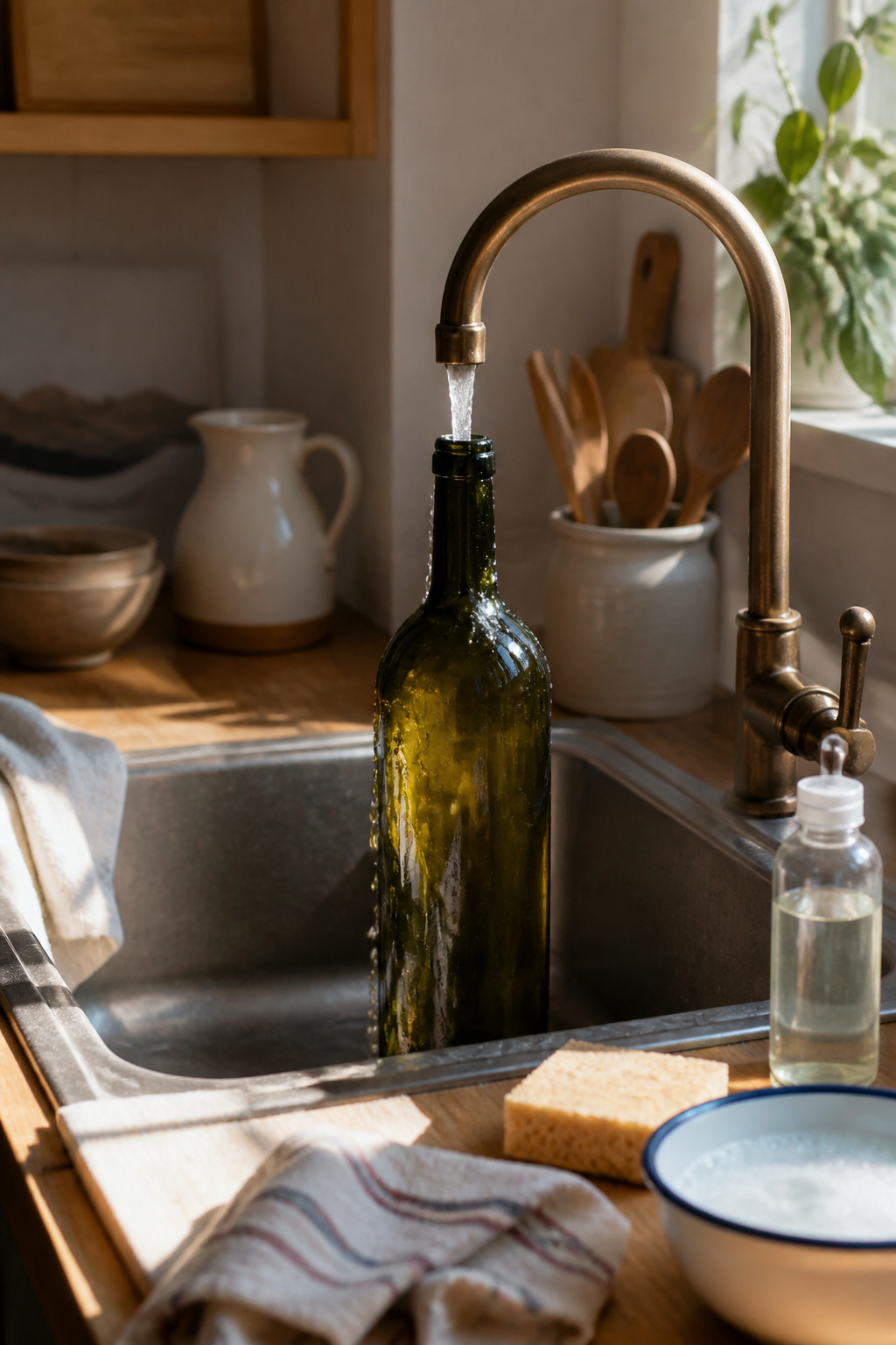 A bottle under running warm water with a sponge nearby.