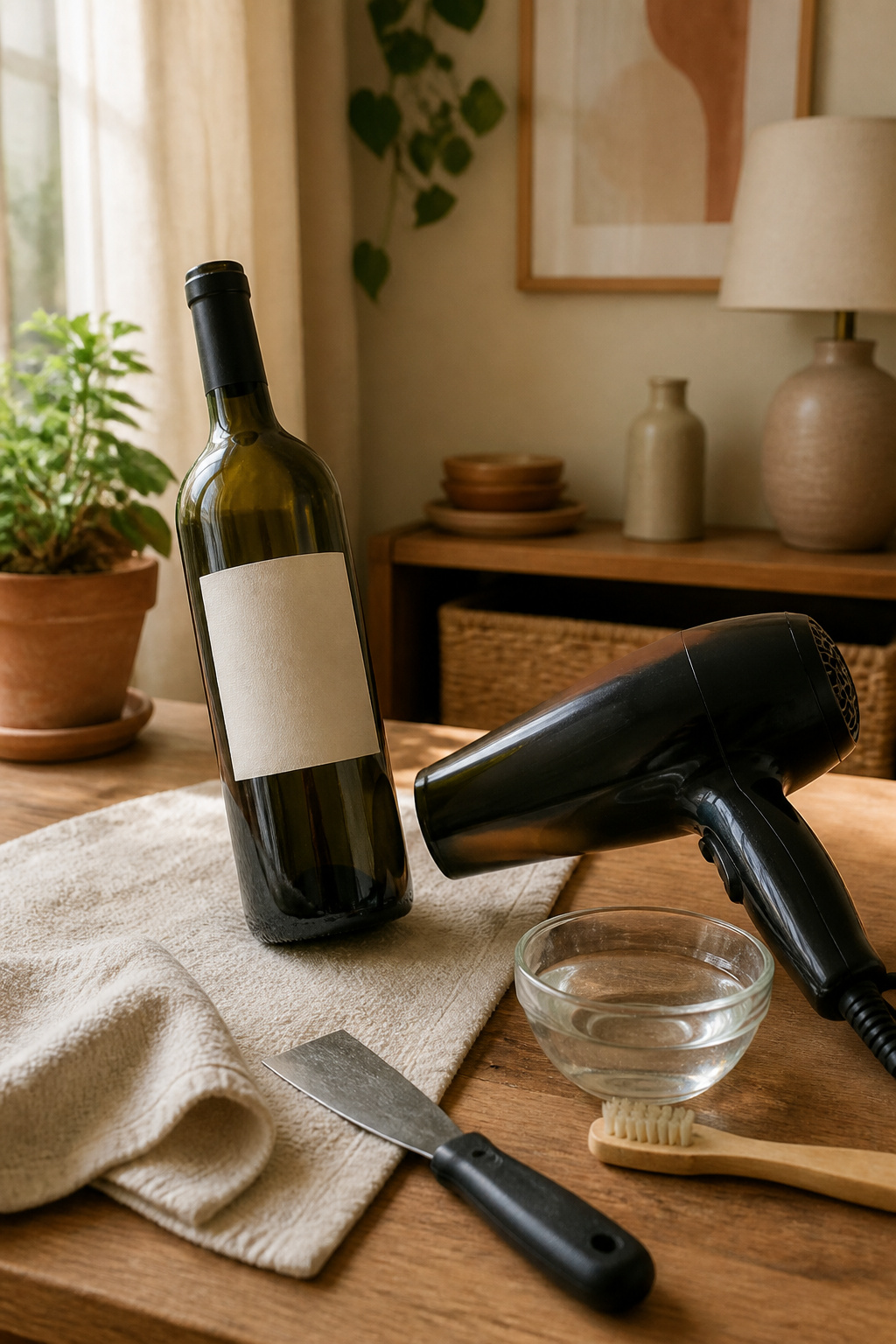A bottle next to a hair dryer aimed at its label.