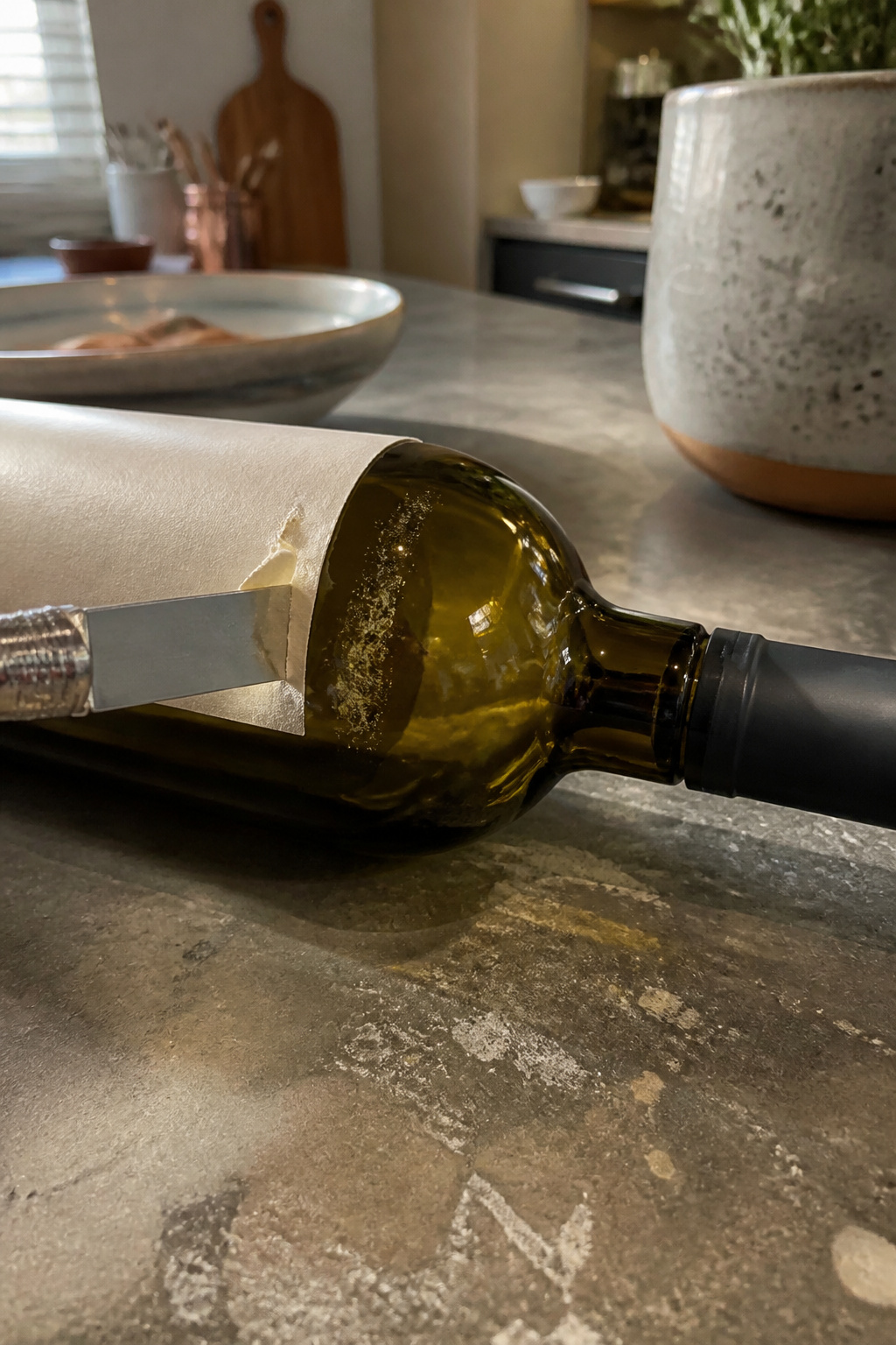 A close-up of a razor blade scraping a wine bottle label.