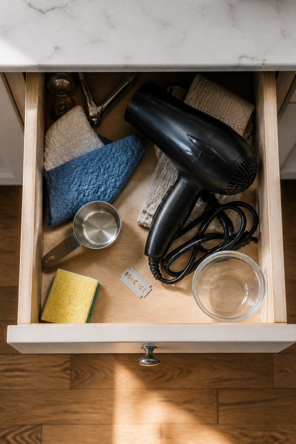 A collection of tools for removing wine labels displayed on a table.