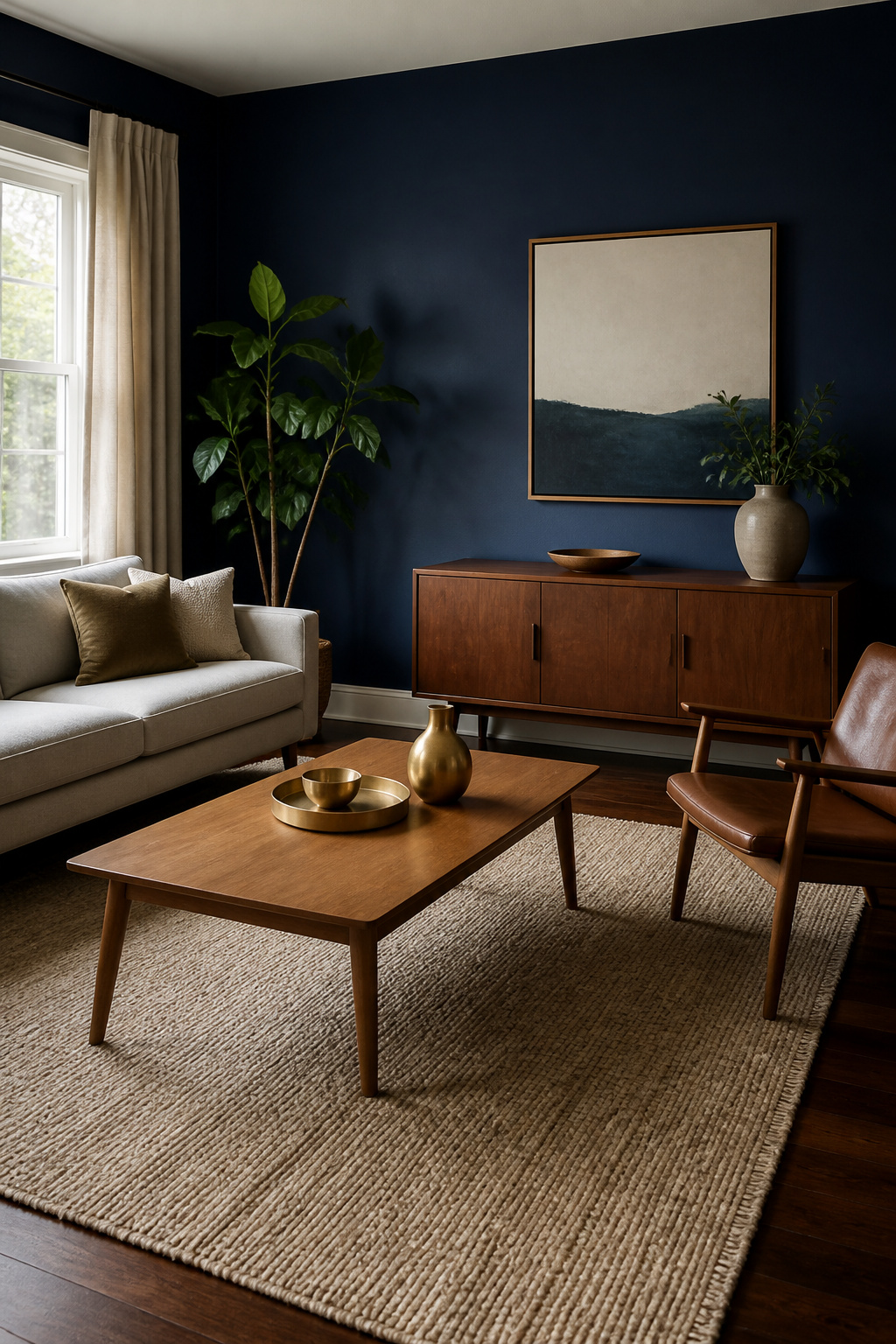 A living room showcasing Indigo Batik with walnut flooring and brass decor.