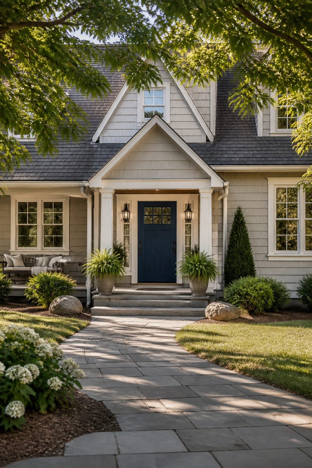 A front door painted Indigo Batik, revealing its color in sunlight.