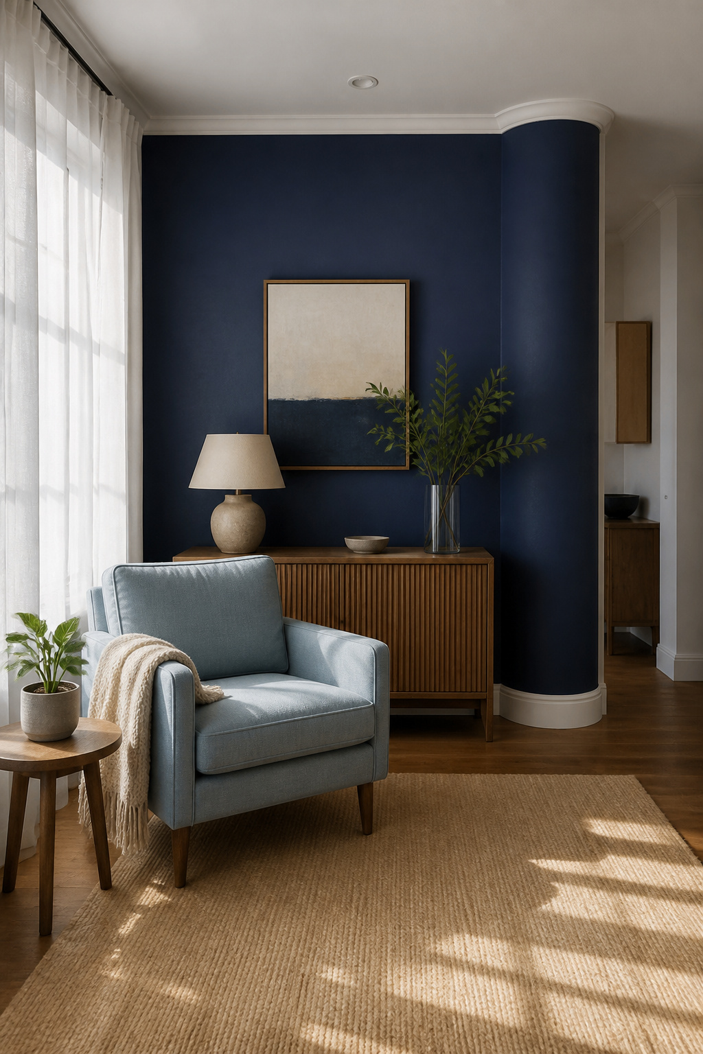 A reading nook with an accent wall painted Indigo Batik and coordinating colors.