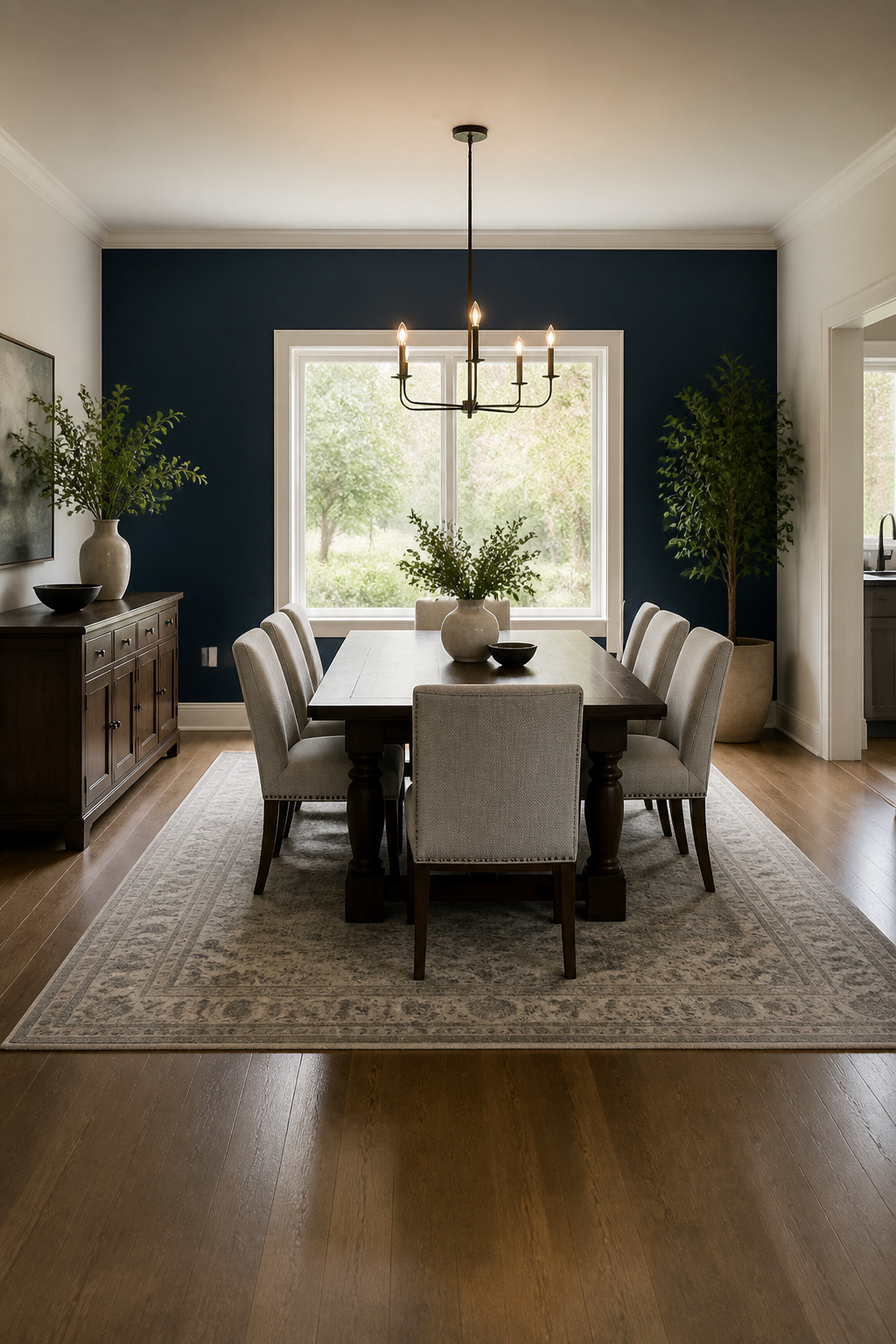 A living room featuring Indigo Batik on the accent wall and a fireplace.