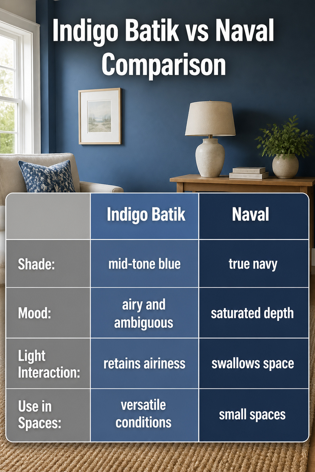 A comparison image showing Indigo Batik and Naval paint colors side by side.