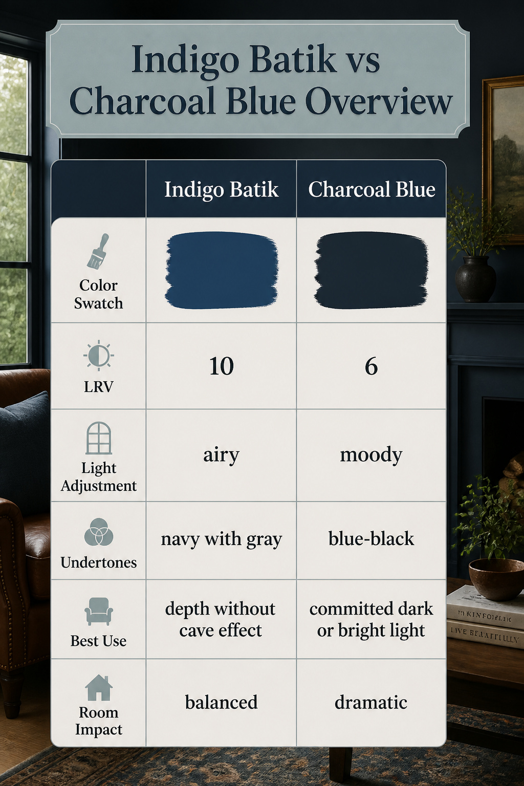 An overview comparing Indigo Batik and Charcoal Blue paint colors.