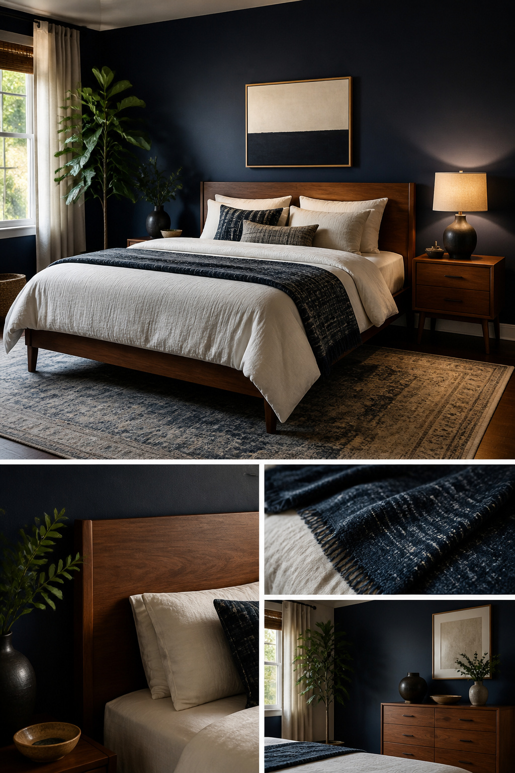 A bedroom featuring an accent wall painted Indigo Batik and wooden trim.
