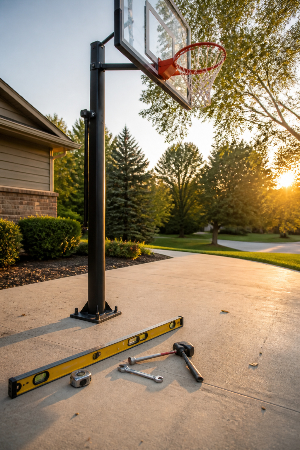 How to Install an Inground Basketball Hoop: Step-by-Step Guide 8 Tools arranged for the final inspection of the basketball hoop.
