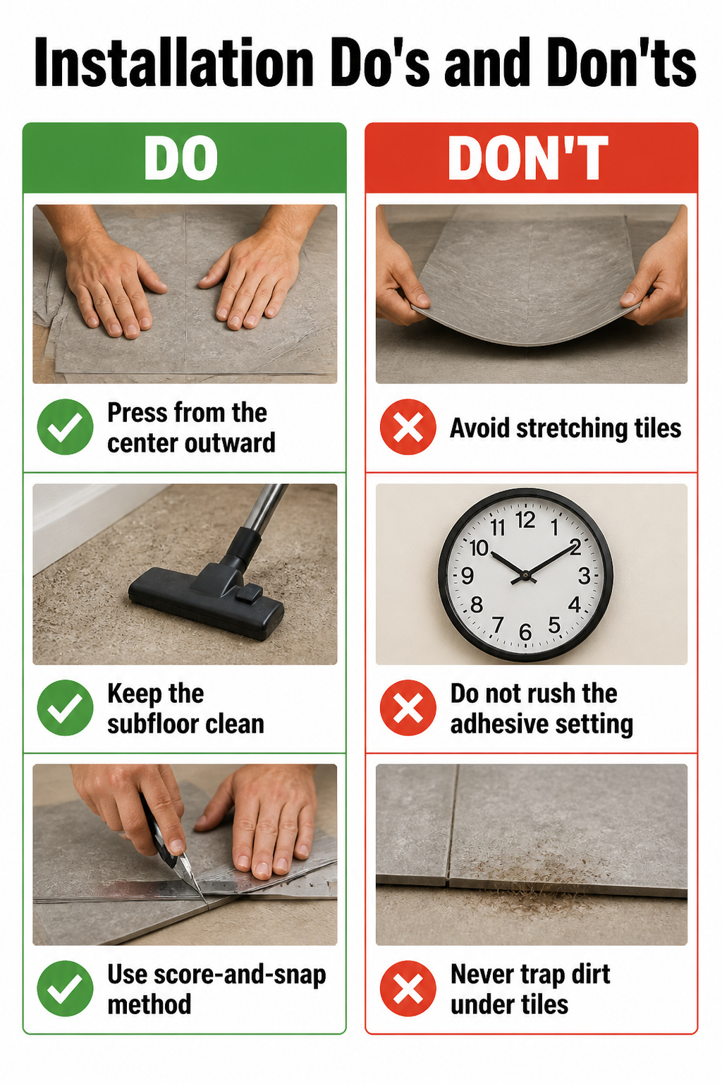 A guide showing do's and don'ts for installing peel and stick tiles.