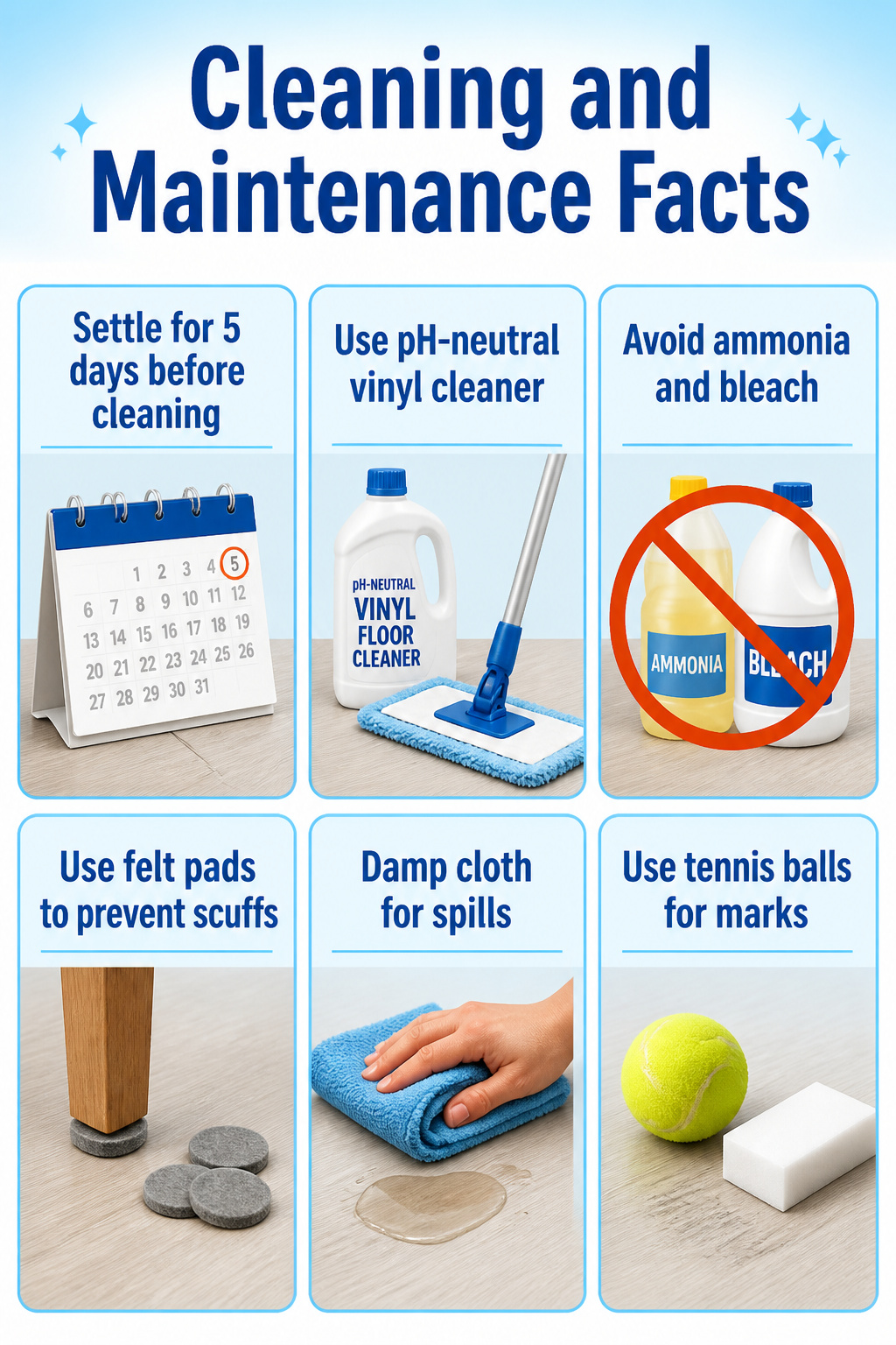 A guide with cleaning and maintenance facts for vinyl floor tiles.