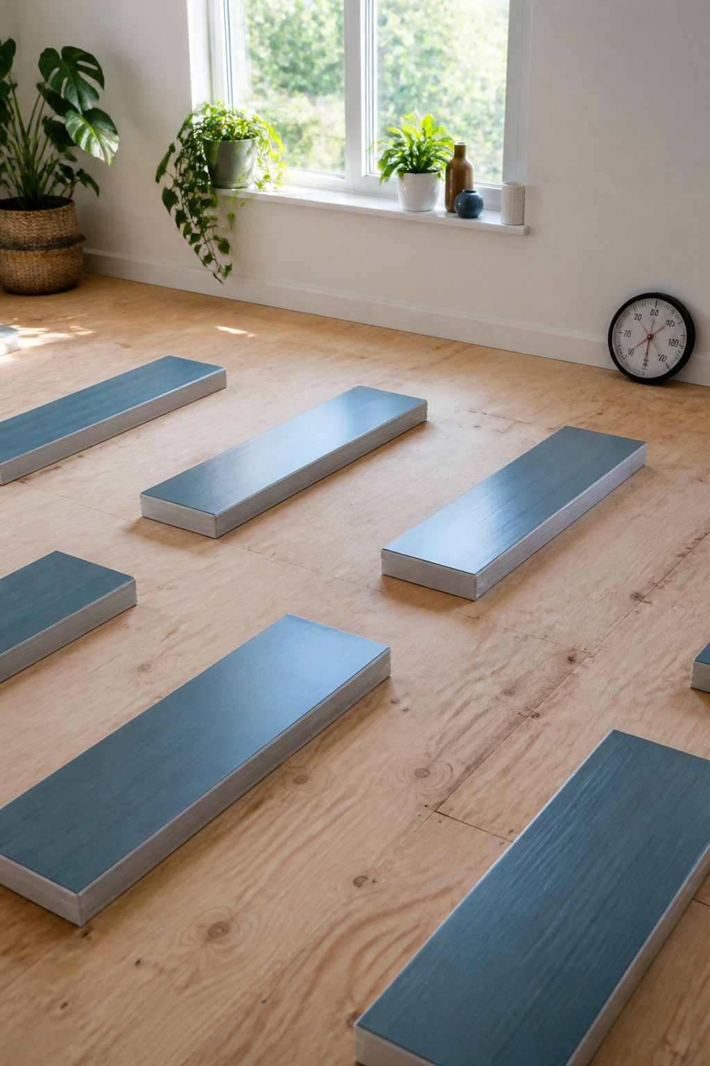 Peel and stick vinyl tiles laid flat on the floor in a well-lit room.