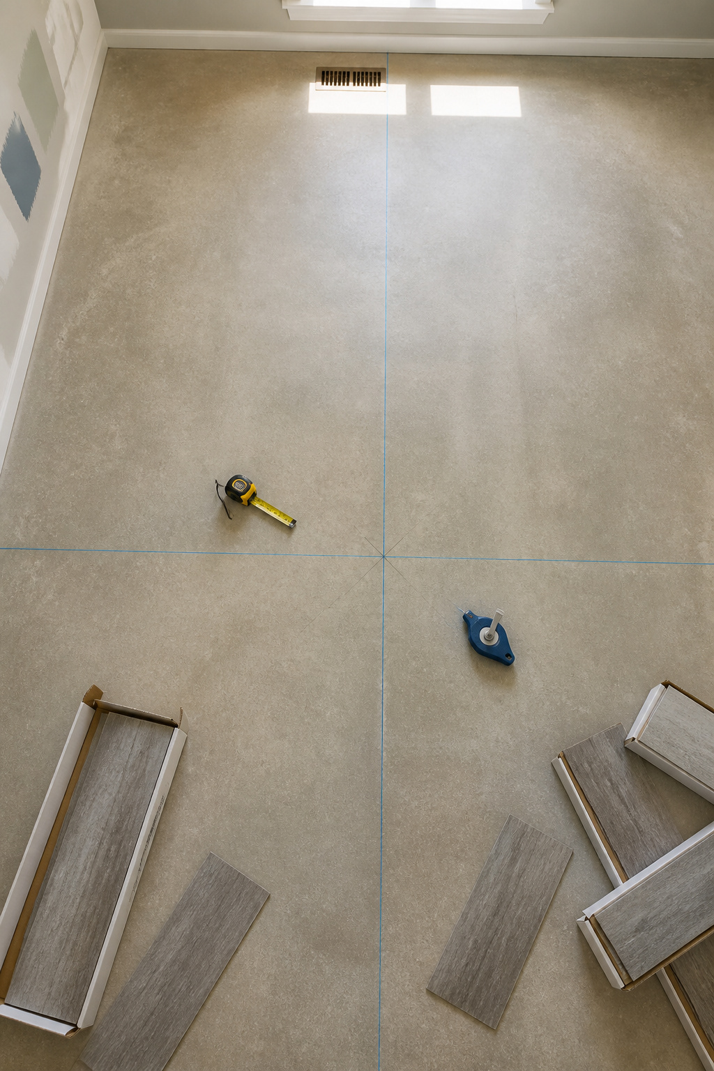 Chalk lines crisscrossing on a subfloor to find the center of the room.
