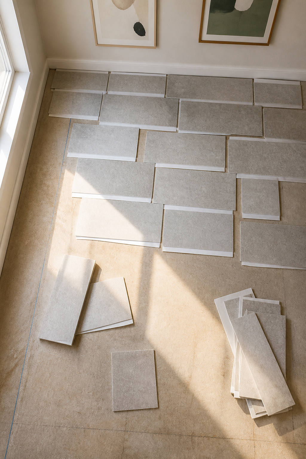 Tiles laid out on the floor with backing paper still on for preview.