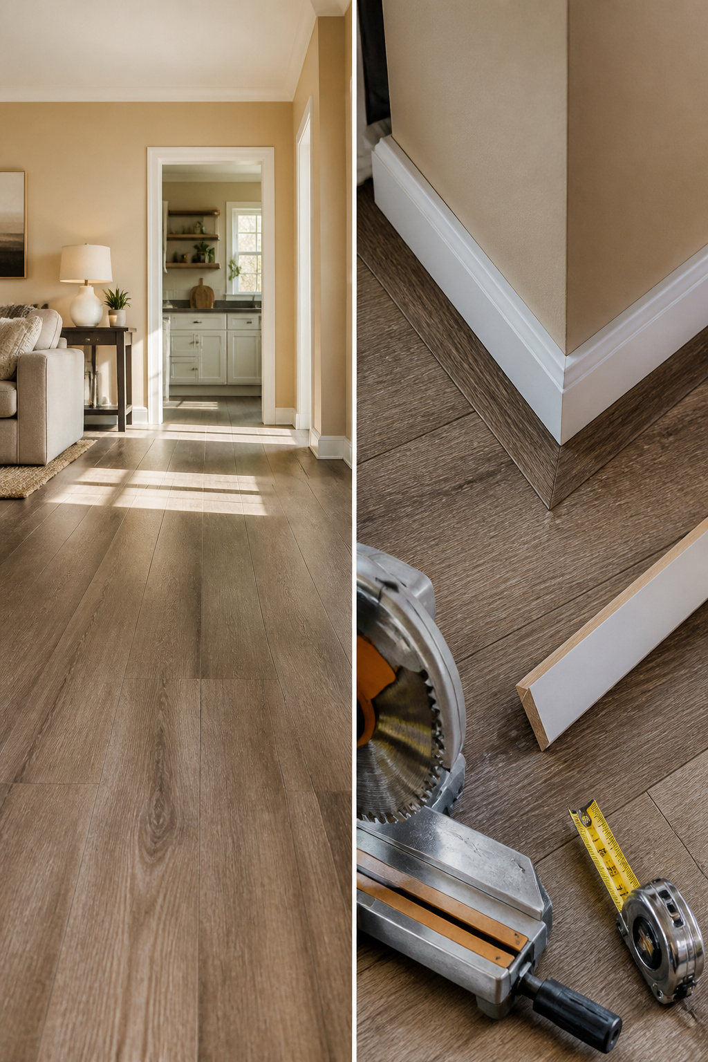Baseboards and quarter-round molding installed around the edge of the floor.