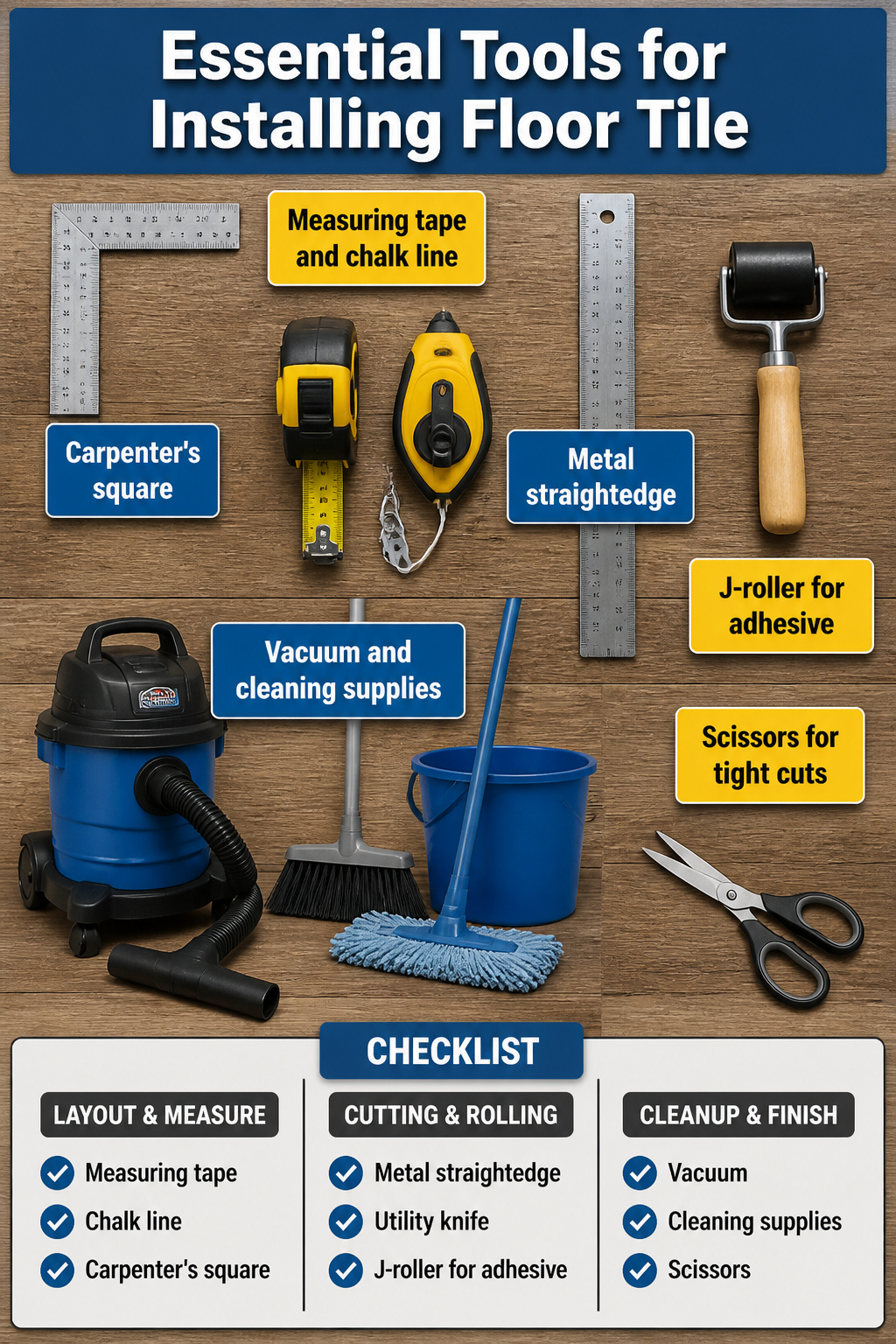 Tools including measuring tape, utility knife, and J-roller on the floor.