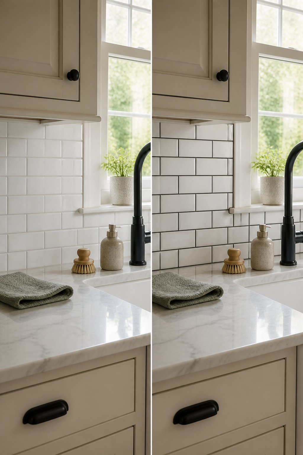 Close-up of grout lines stained darker on kitchen tiles.