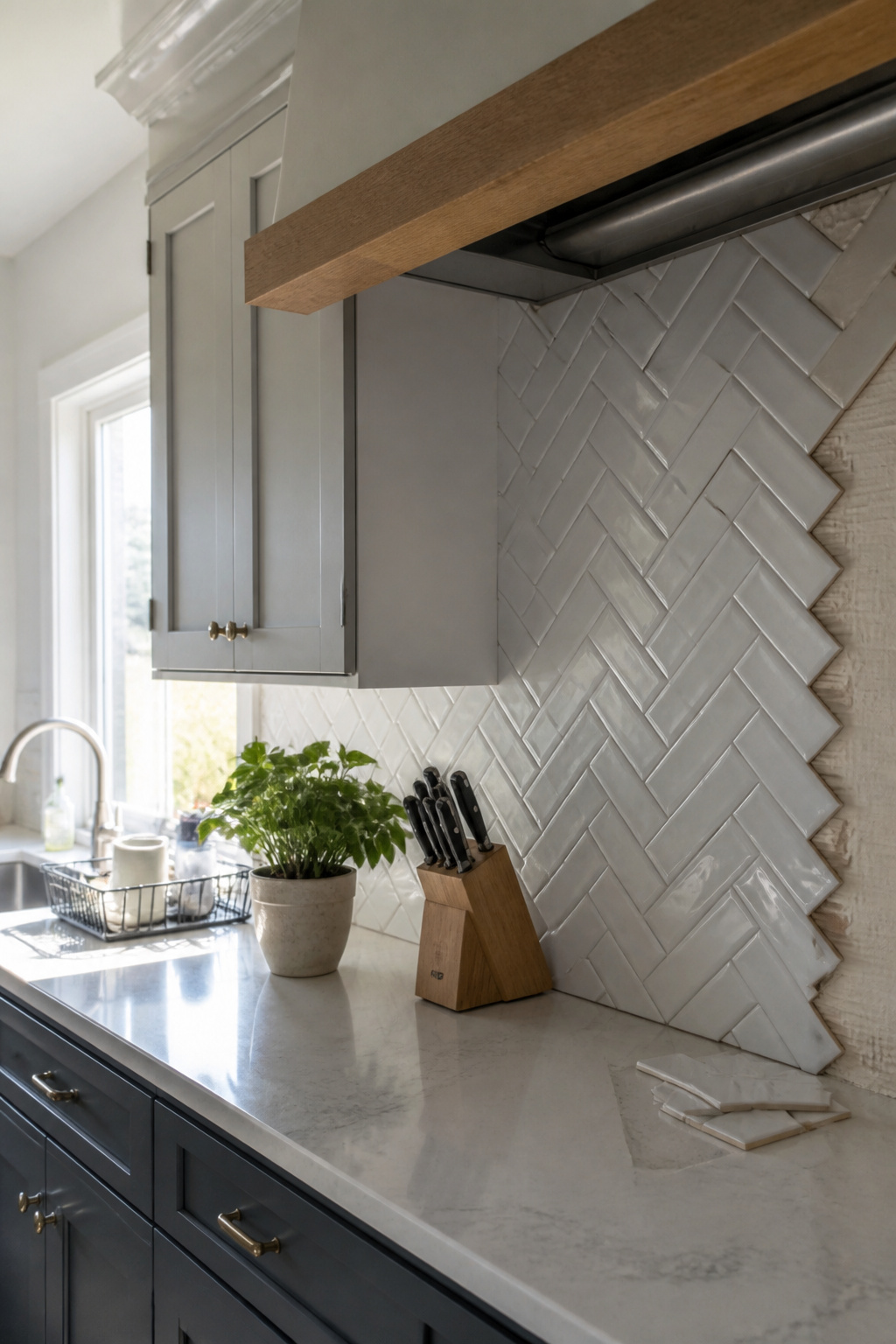 Subway tiles arranged in a herringbone pattern on a wall.