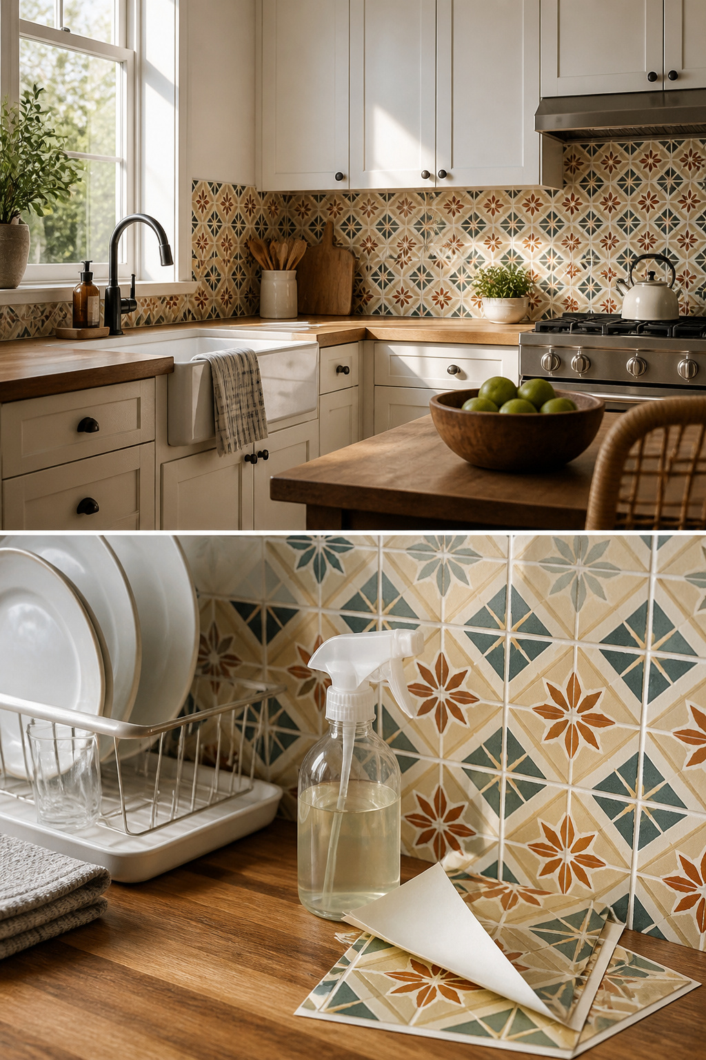 Peel-and-stick tiles applied to a kitchen wall.