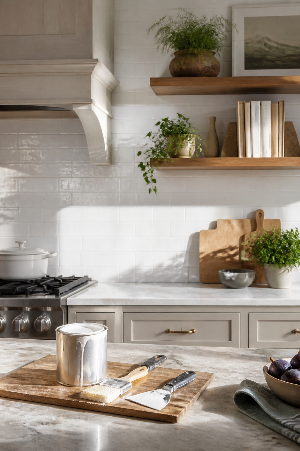 A hand painting a tile backsplash with white paint.