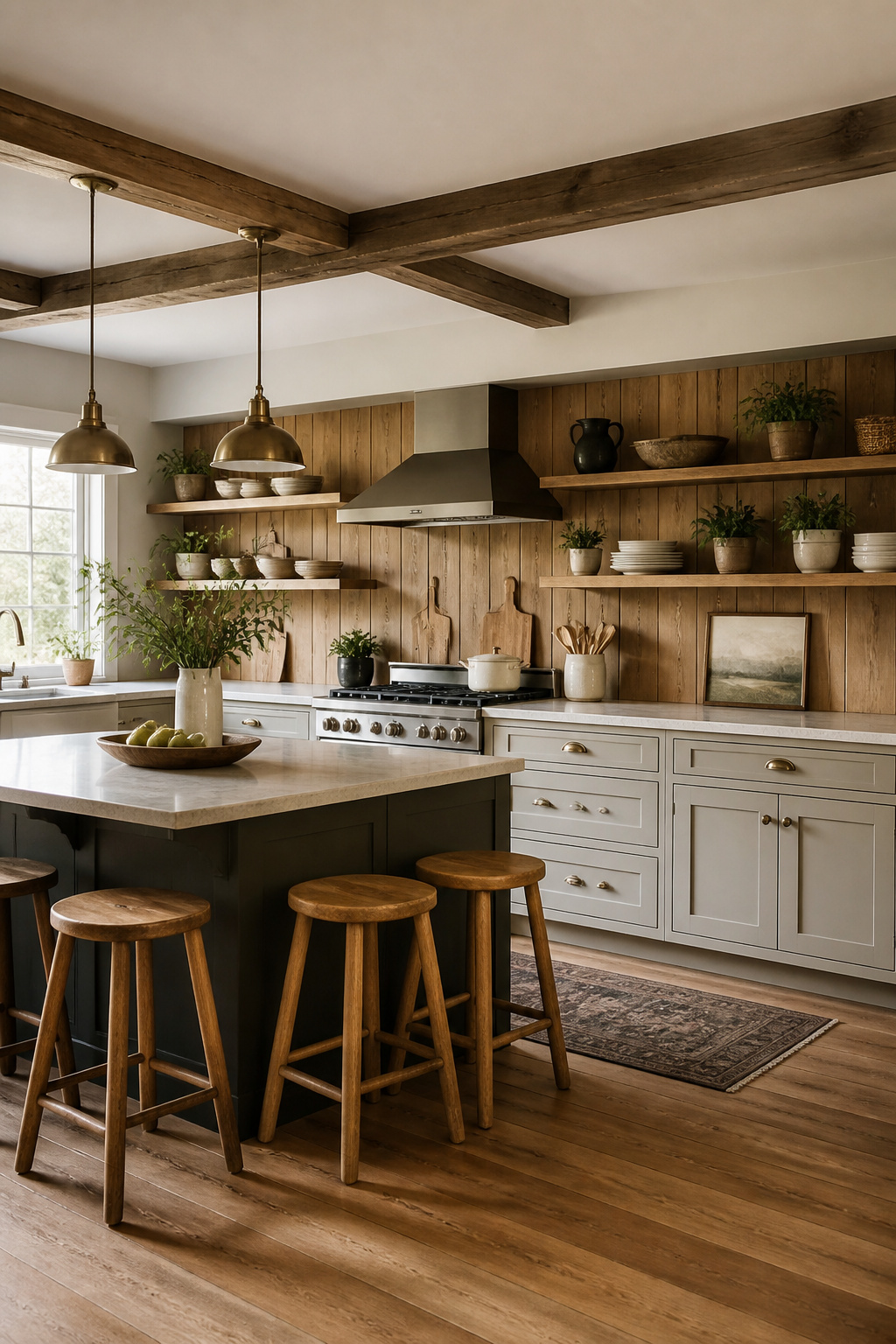 Wood panels installed over a tiled kitchen backsplash.