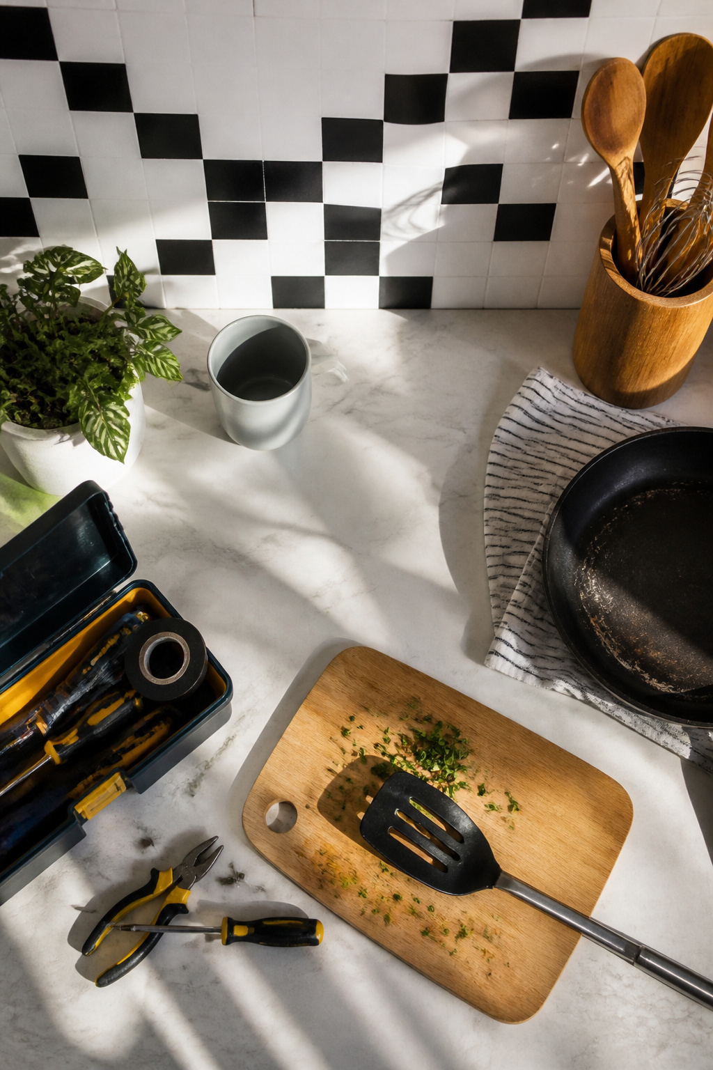 Geometric pattern made from electrical tape on a kitchen wall.
