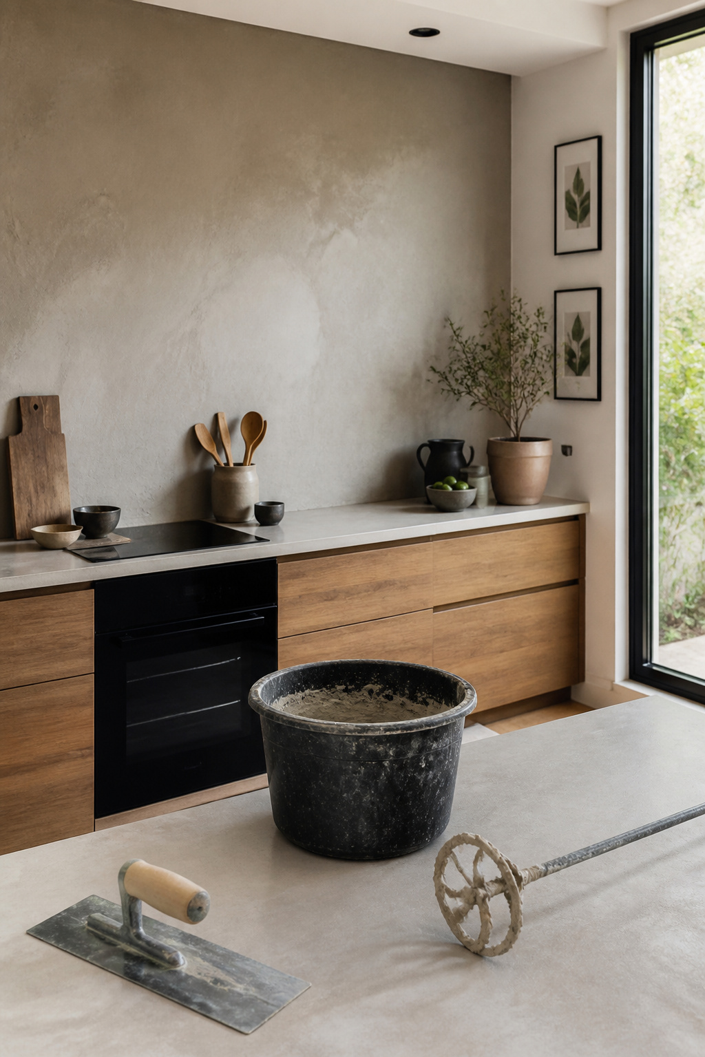 Freshly applied micro-cement on a kitchen wall.