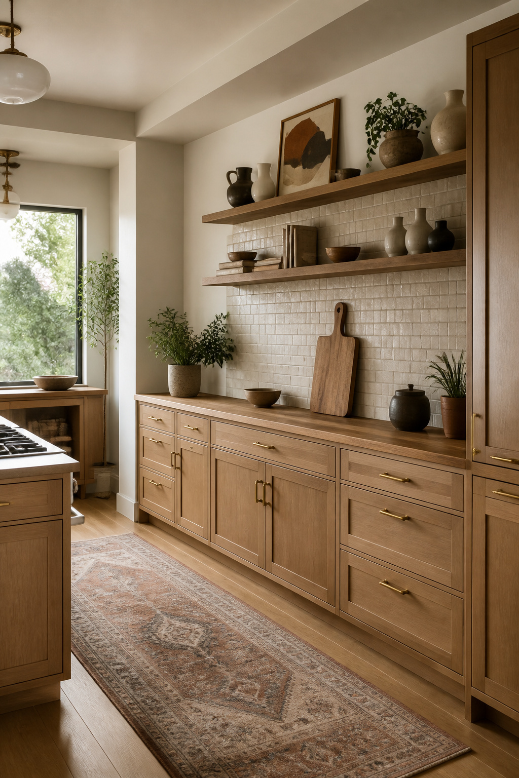 Decorative shelves and art placed over a kitchen backsplash.