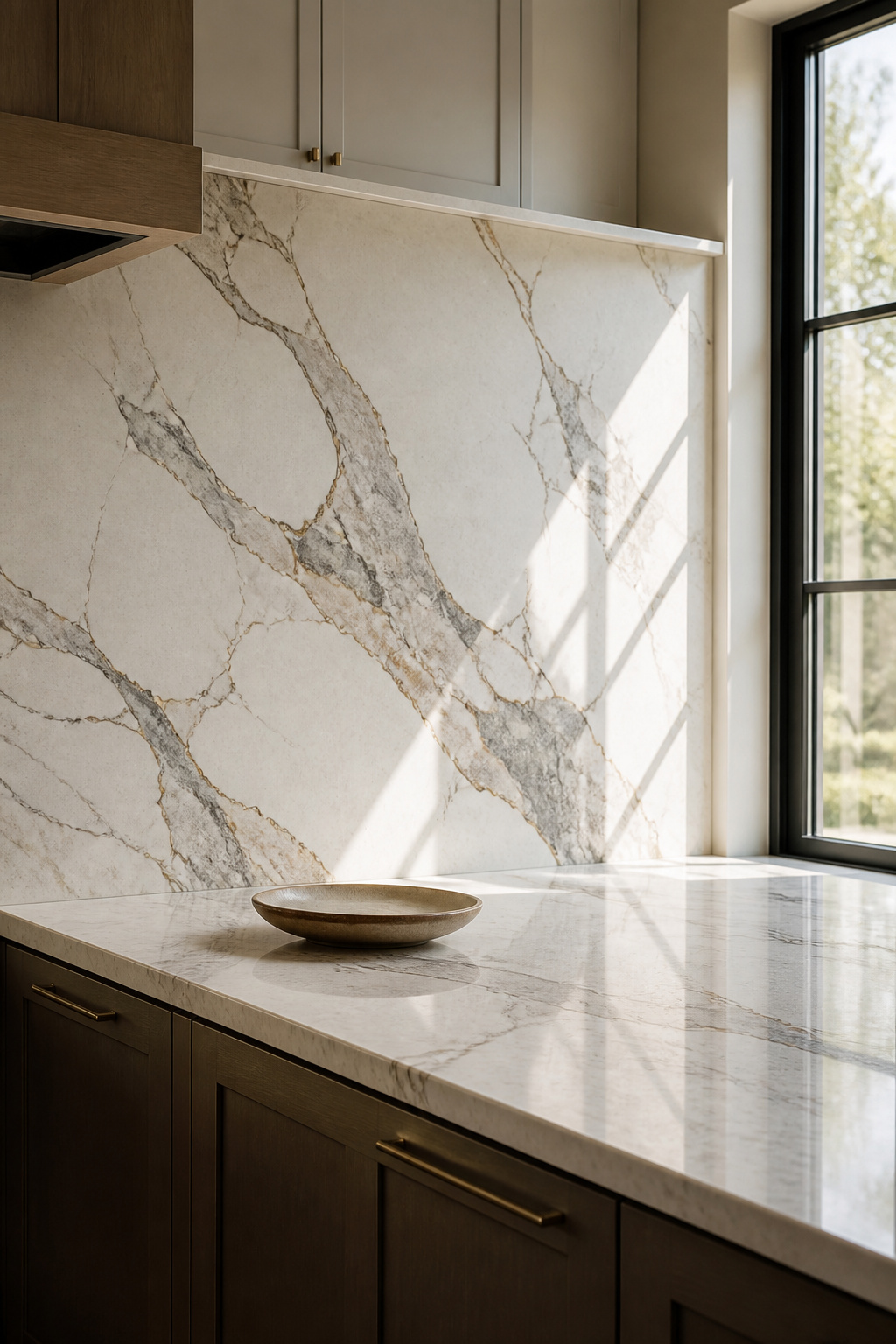 A single slab of stone installed as a kitchen backsplash.