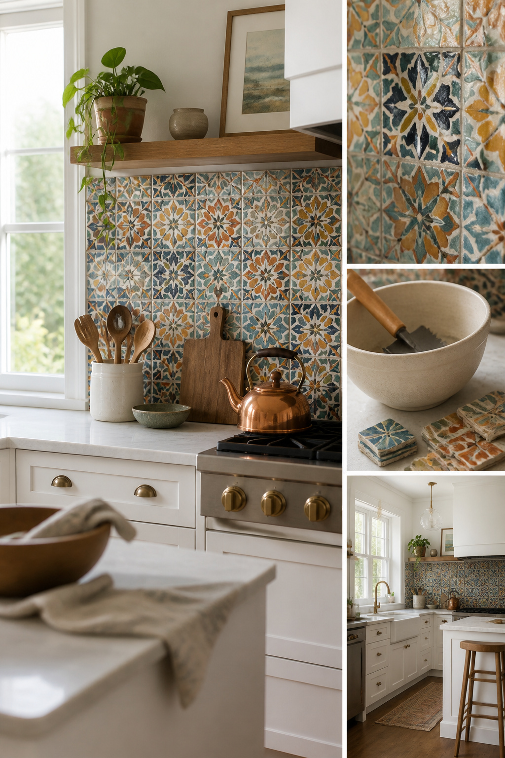 Colorful mosaic tiles arranged on a kitchen backsplash.