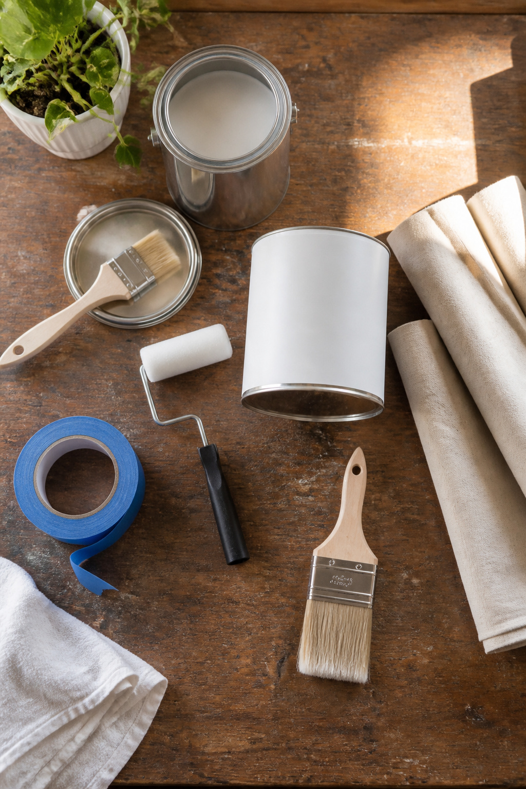 Supplies for painting kitchen cabinets including brushes and primer.