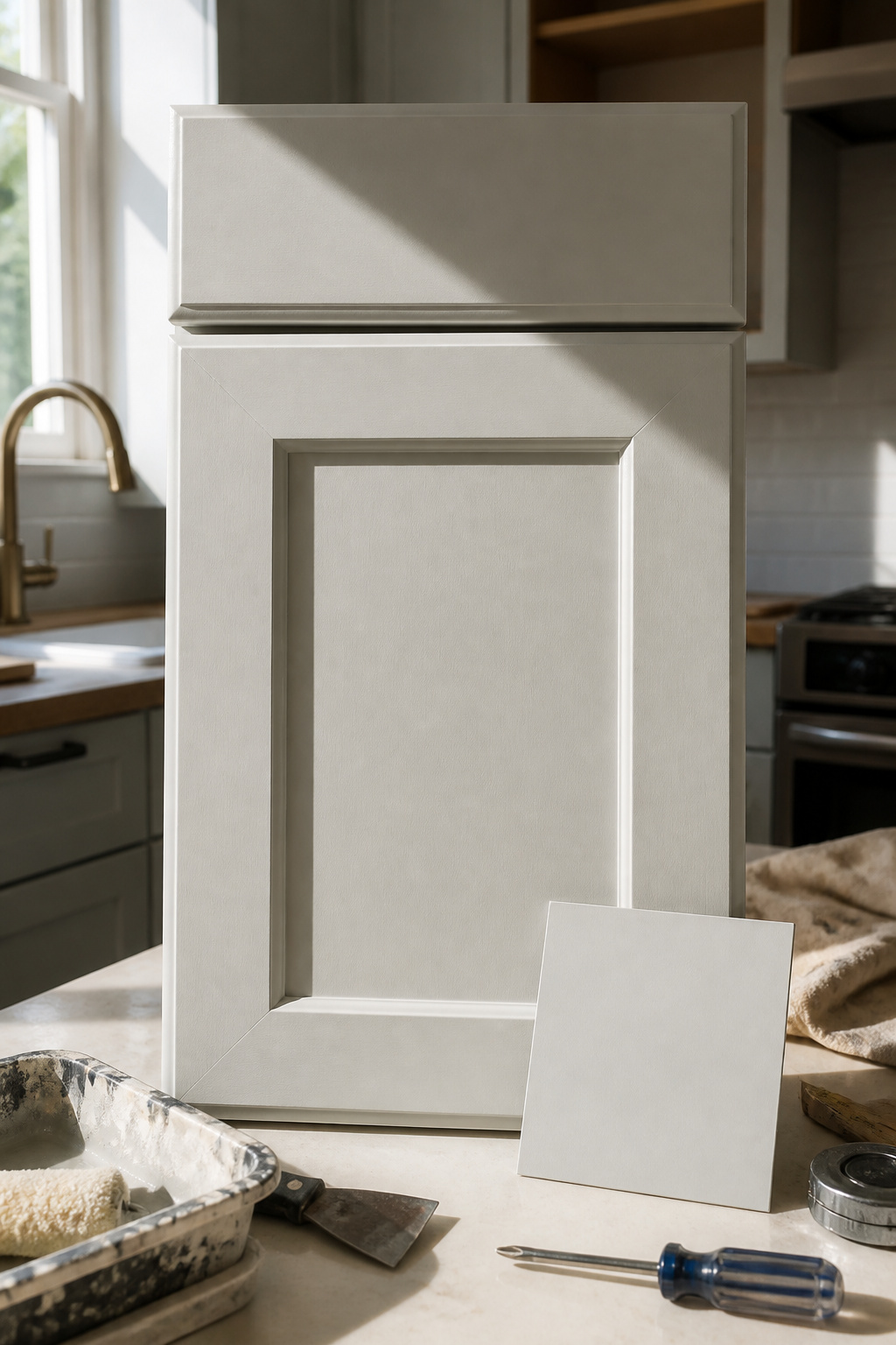 Can of Sherwin-Williams Urethane Trim Enamel paint for cabinets.