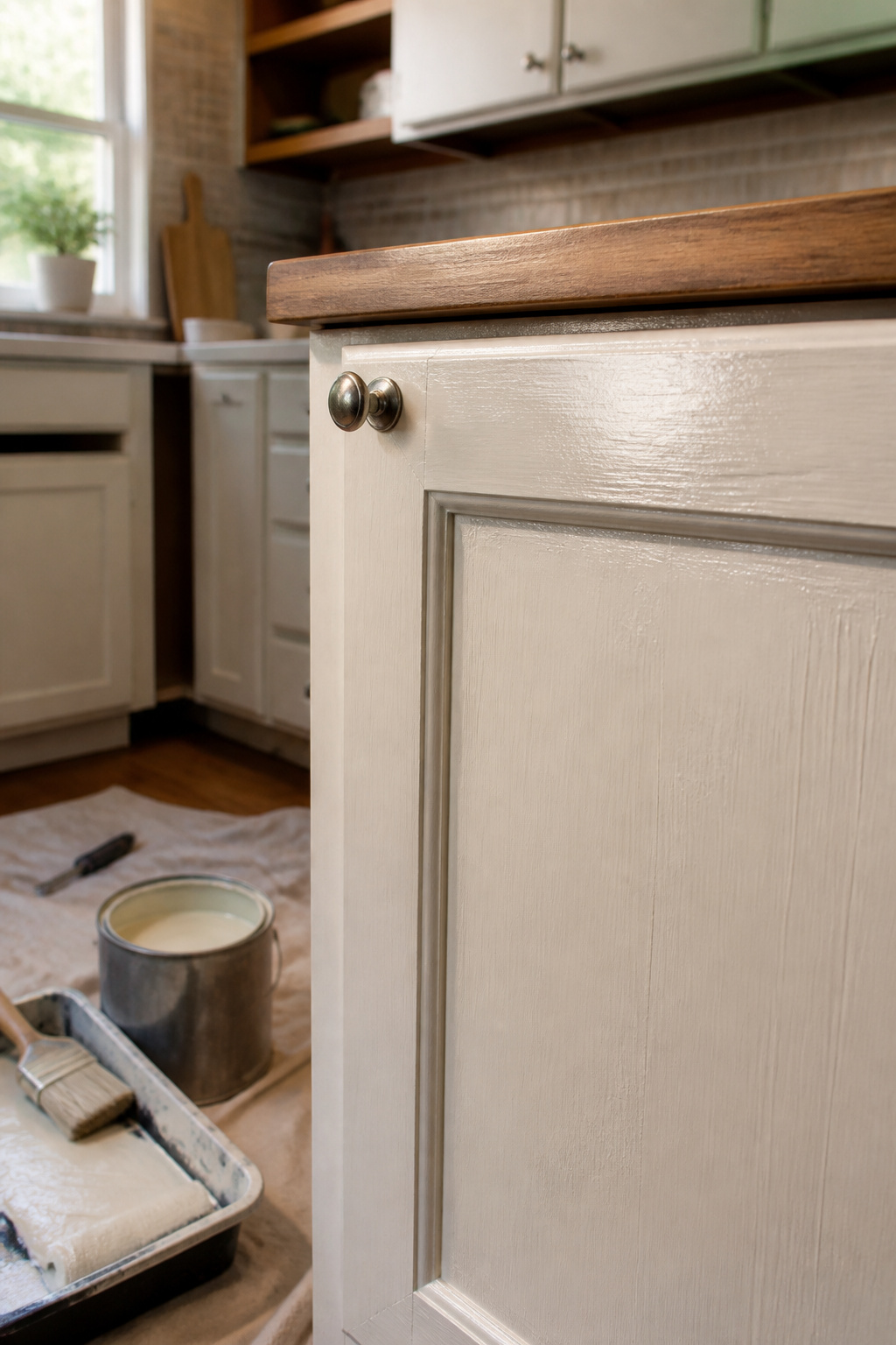 Can of Behr Cabinet Enamel paint for kitchen cabinets.