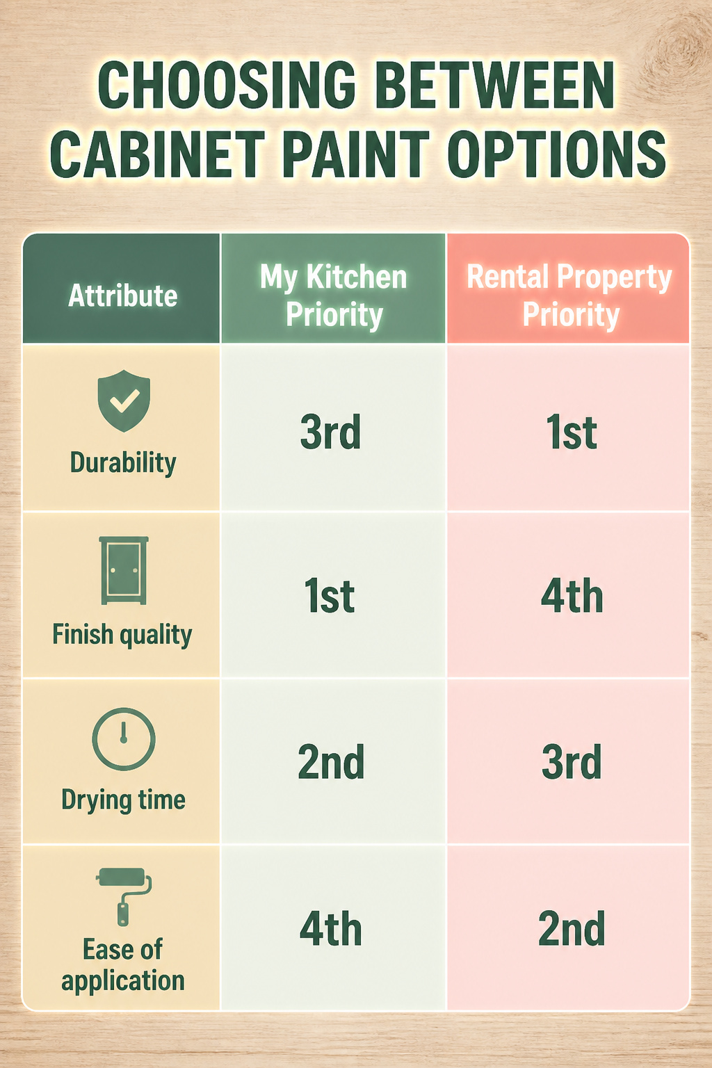 Graphic showing factors to consider when choosing cabinet paint.