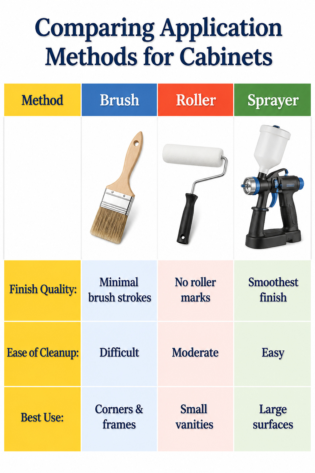 Comparison of application methods for painting cabinets.