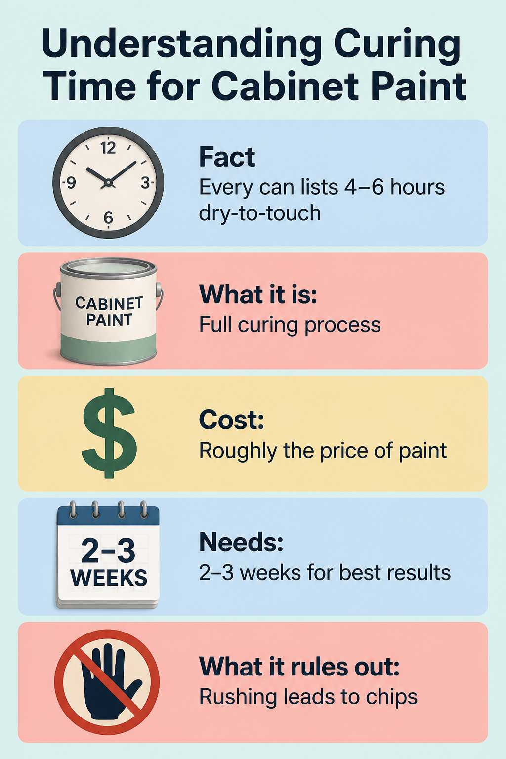 Graphic explaining curing time for cabinet paint.
