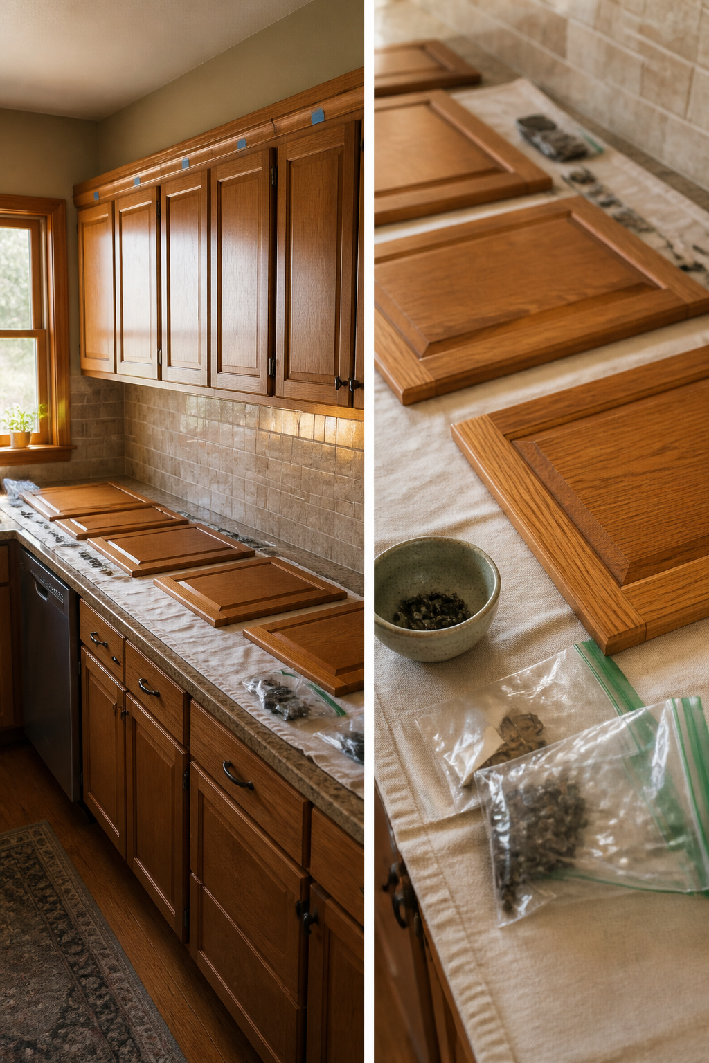 Cabinet doors with labels and hardware in sandwich bags.