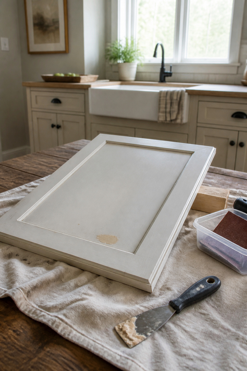Cabinet door with wood filler applied to repair a dent.