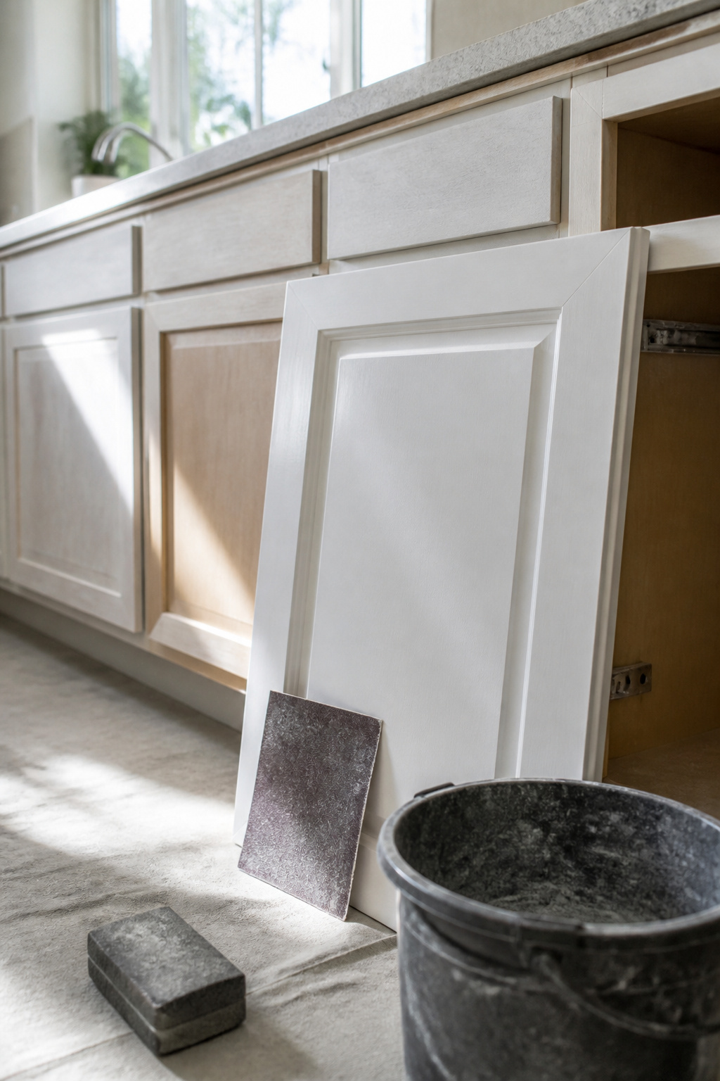 Close-up of cabinet doors being sanded with 220-grit sandpaper.