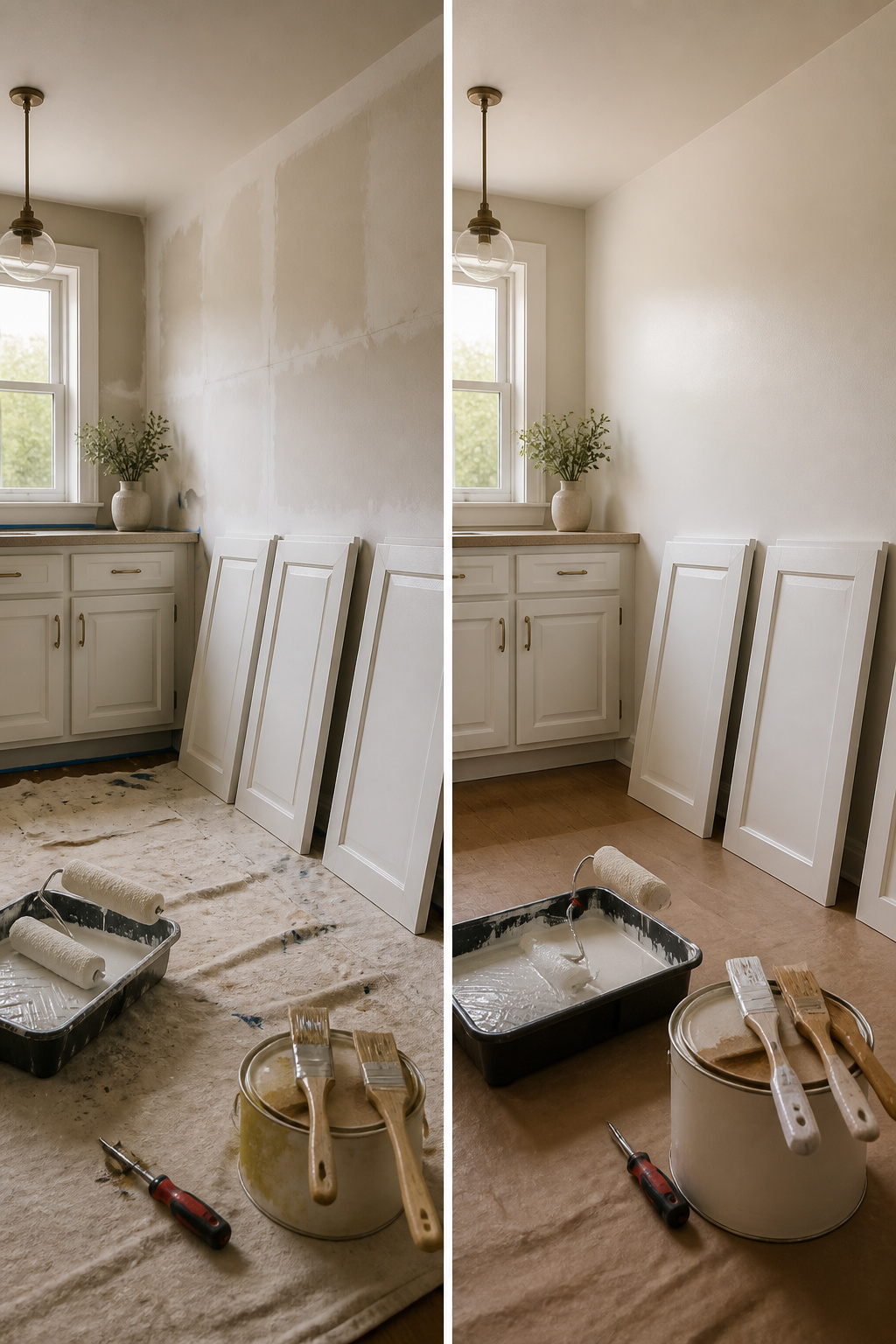 Wood cabinets with primer applied for painting.