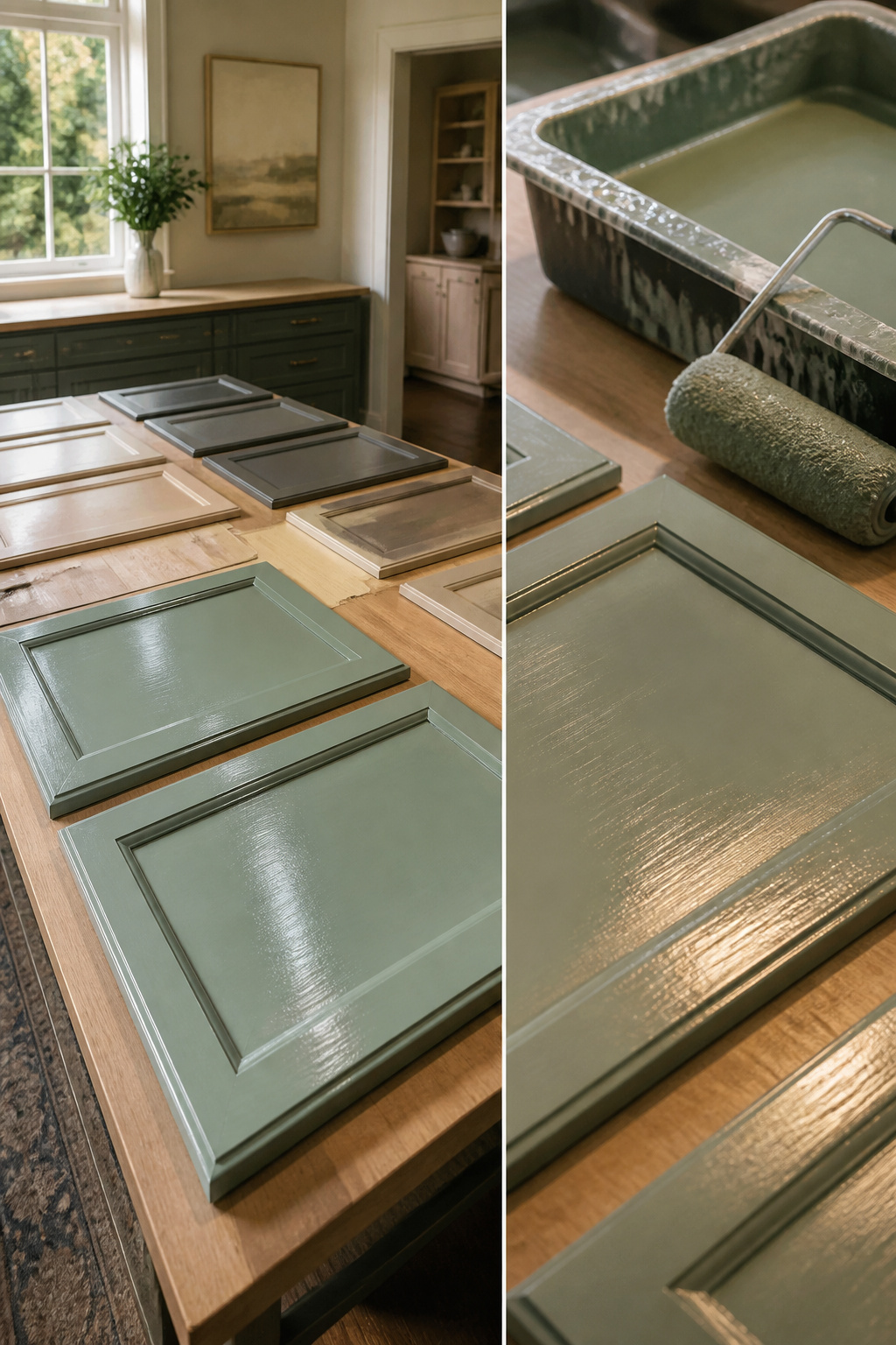 Cabinet doors being painted with thin coats of enamel.