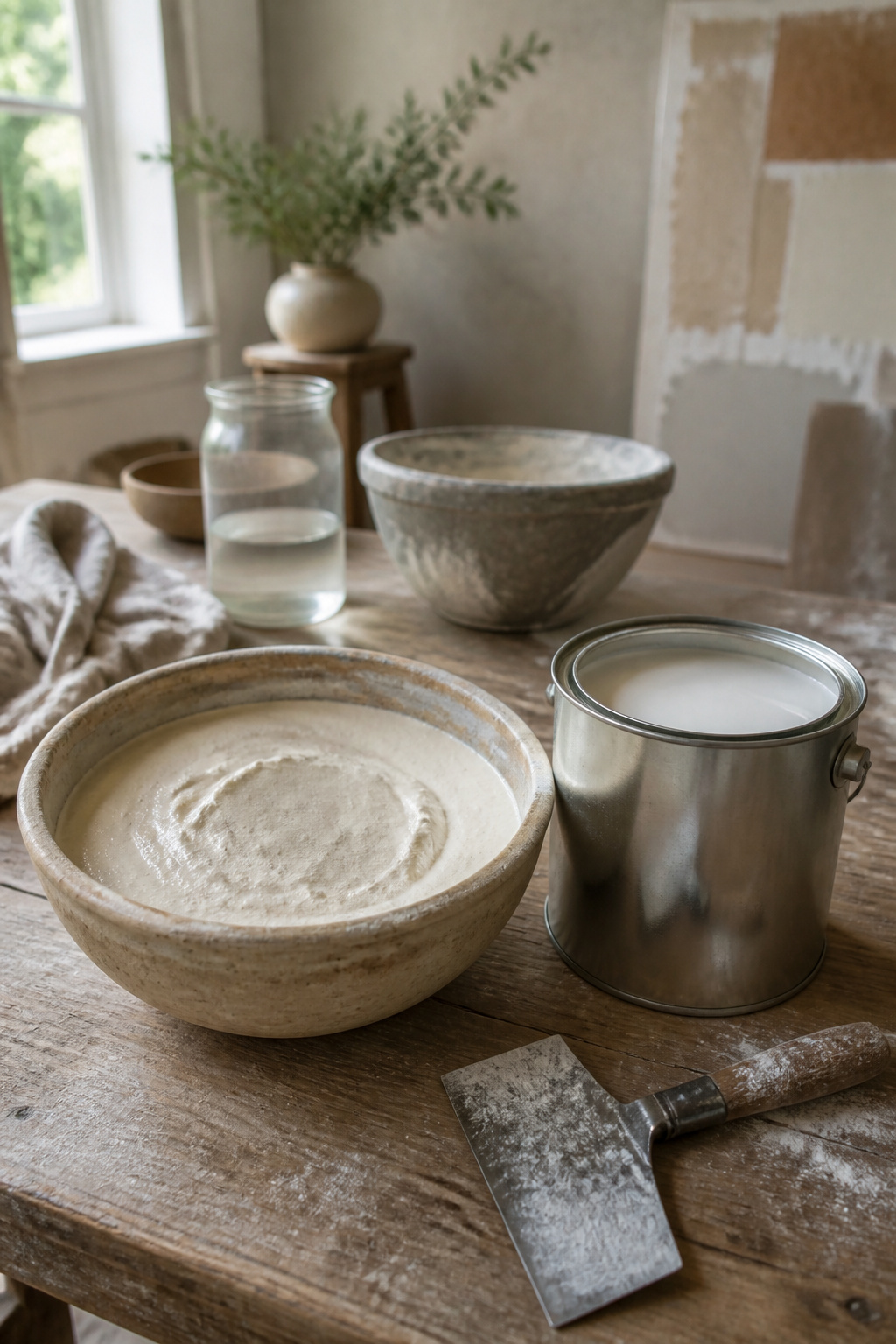 Close-up of limewash and whitewash mixtures in bowls.