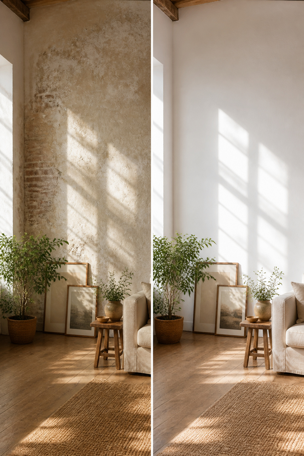 Textured limewashed wall with light reflecting unevenly.