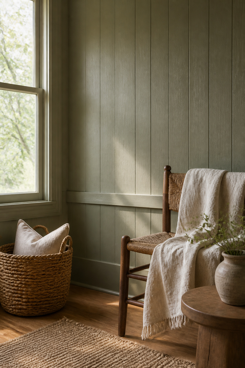Liveable Green Paint: Sherwin-Williams Color and 6 Coordinating Alternatives 1 A wall painted in Liveable Green with wood paneling and neutral decor.