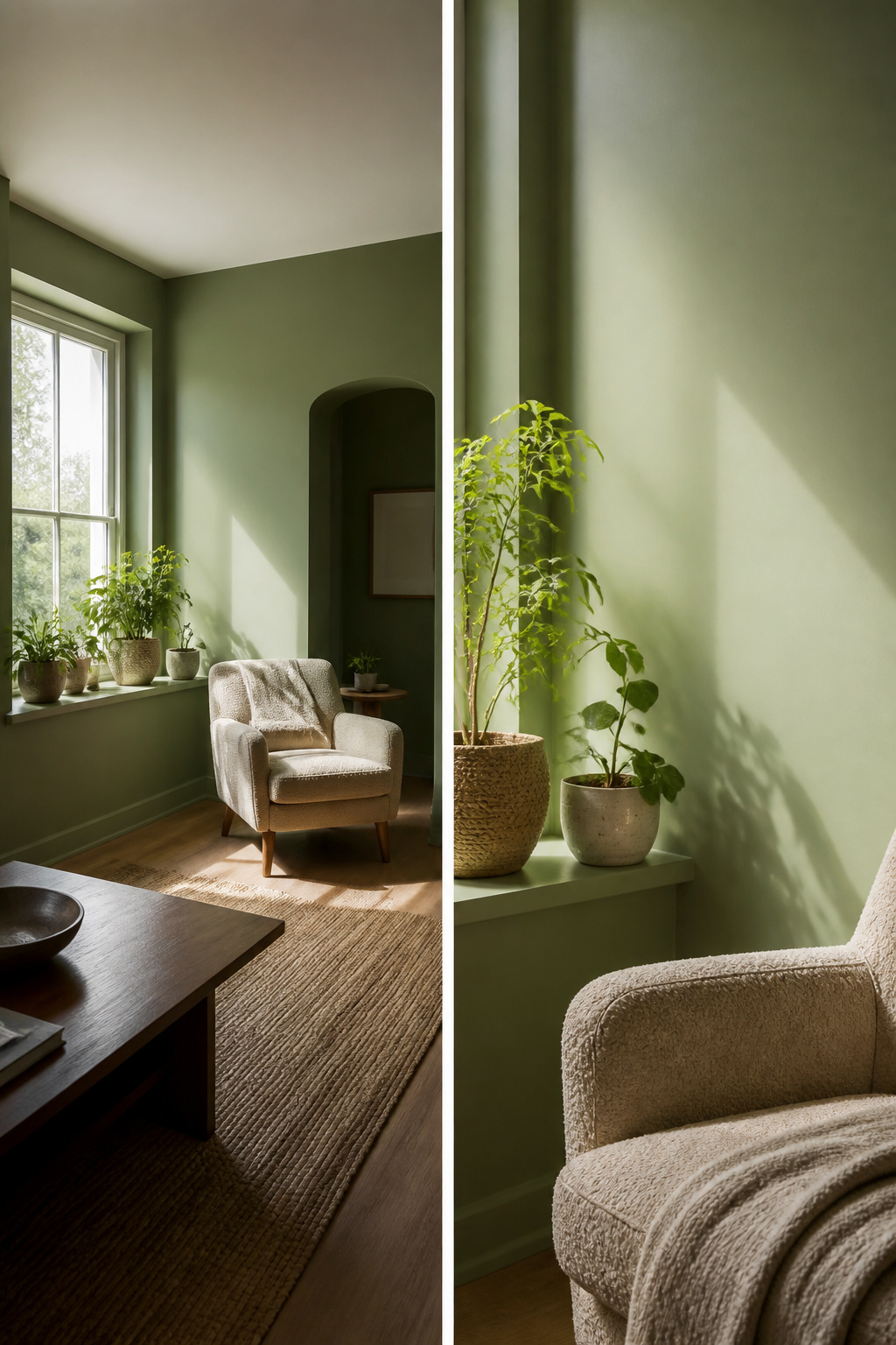Liveable Green Paint: Sherwin-Williams Color and 6 Coordinating Alternatives 7 A wall painted in Liveable Green, showing different shades in various light.