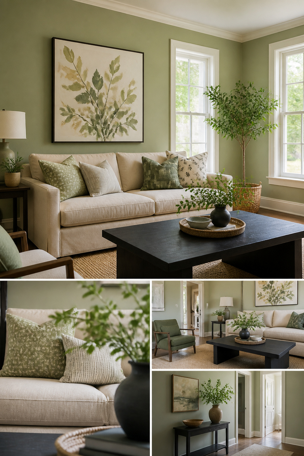 Liveable Green Paint: Sherwin-Williams Color and 6 Coordinating Alternatives 9 A color palette featuring Liveable Green alongside Shell White and Sagey.