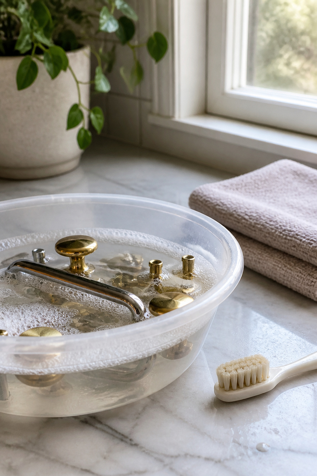 How to Paint Cabinet Hardware: 8 Steps for a Durable Finish in 2026 2 A basin filled with soapy water and kitchen hardware pieces.